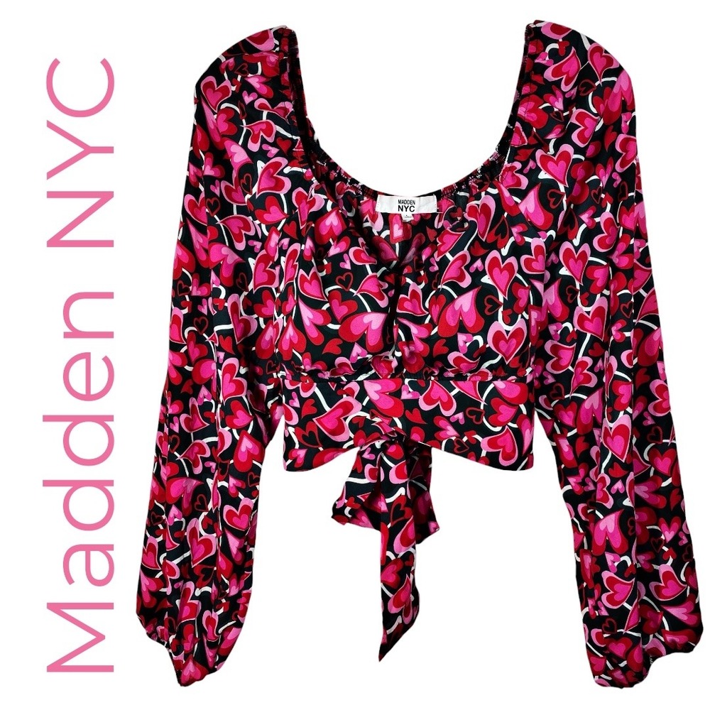 Madden NYC Pink Red Heart Print Long Sleeve Cropped Tie Back Top Valentine Large